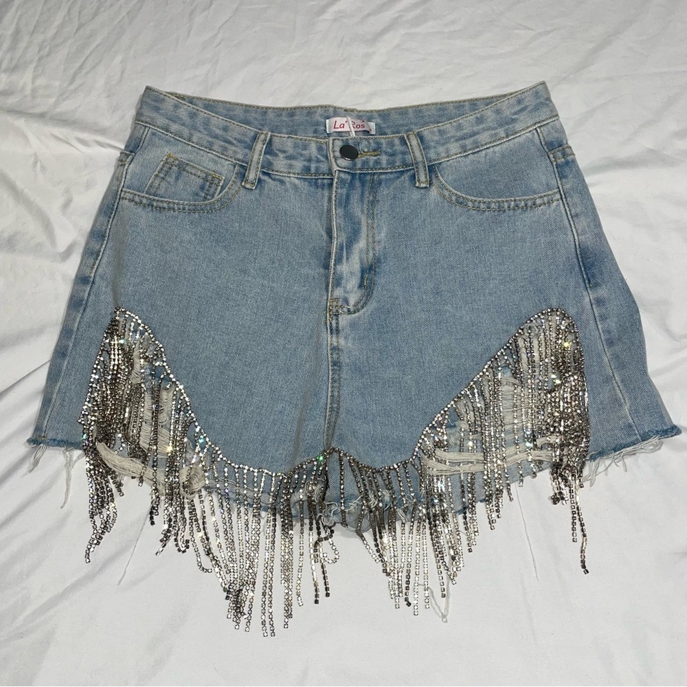 La’ Ros Rhinestone Fringe Cutoff Denim Jean Shorts